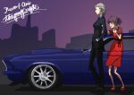  2girls belt black_belt black_footwear black_suit blush breasts brown_hair building car dress ford_mustang formal girls_und_panzer grey_hair ground_vehicle height_difference holding_another&#039;s_arm motor_vehicle multiple_girls muscle_car night night_sky pant_suit pants red_dress red_footwear run_the_9tails short_hair short_twintails sky skyscraper sports_car suit twintails very_short_hair yuri 