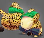  2022 anthro belly belly_grab belt benjamin_clawhauser big_belly big_butt bottomless bottomless_anthro bottomless_male bottomwear butt cheetah clothed clothing clothing_lift disney felid feline front_view fur gillpanda green_clothing green_shirt green_topwear hand_on_stomach looking_at_viewer looking_back male mammal multiple_images navel obese obese_anthro obese_male open_mouth overweight overweight_anthro overweight_male pants pants_around_legs presenting presenting_belly presenting_hindquarters raised_tail rear_view shirt shirt_lift smile solo spots spotted_body spotted_fur standing topwear unbuckled_belt unbuttoned_pants whiskers zootopia 
