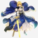  1girl absurdres ahoge armor armored_dress artoria_pendragon_(fate) blonde_hair blue_cape breastplate cape excalibur_morgan_(fate) fate/grand_order fate/stay_night fate_(series) fur-trimmed_cape fur_trim gauntlets green_eyes highres misto_(nnvy3472) planted planted_sword saber smile solo sword weapon white_background 