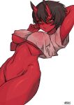  1girl arm_behind_head black_hair blush breasts colored_skin covered_nipples cropped_shirt horns kidouko_(zakusi) large_breasts navel oni oni_horns orange_eyes original parted_lips pussy red_oni red_skin shirt short_hair signature simple_background solo standing uncensored underboob wet wet_clothes wet_shirt white_background zakusi 