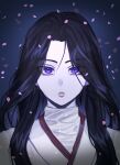  1girl black_background black_hair face falling_petals glowing highres long_hair looking_at_viewer nwwcft petals purple_eyes return_of_the_mount_hua_sect solo turtleneck undershirt upper_body white_uniform yu_iseol_(return_of_the_mount_hua_sect) 