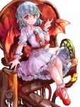  1girl ascot bangs bat_wings blue_hair chair closed_mouth full_body high_heels highres ikazuchi_akira looking_at_viewer no_hat no_headwear pink_shirt pink_skirt pointy_ears red_ascot red_eyes red_footwear remilia_scarlet shirt short_hair short_sleeves sitting skirt solo touhou white_background white_legwear wings wrist_cuffs 