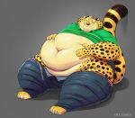  2022 anthro belly belt benjamin_clawhauser big_belly big_butt bottomwear butt cheetah clothing disney felid feline front_view fur gillpanda green_clothing green_shirt green_topwear hand_on_stomach looking_aside male mammal navel obese obese_anthro obese_male one_eye_closed overweight overweight_anthro overweight_male pants pants_around_legs presenting presenting_belly raised_tail shirt sitting smile solo spots spotted_body spotted_fur topwear unbuckled_belt unbuttoned_pants whiskers wink zootopia 