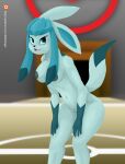  2016 5_fingers anthro areola battle_tiger black_nose blue_body blue_eyes blue_fur blue_sclera breasts digital_media_(artwork) eeveelution eyelashes female fingers fur genitals glaceon gloves_(marking) grey_areola grey_nipples hi_res humanoid_hands looking_up markings navel nintendo nipples nude open_mouth pinup pok&eacute;mon pok&eacute;mon_(species) pose pussy solo text tongue url video_games 