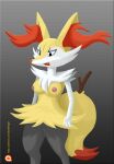  2016 anthro areola battle_tiger black_body black_fur braixen breasts cheek_tuft digital_media_(artwork) facial_tuft fangs female fur genitals hi_res humanoid_hands inner_ear_fluff looking_at_another looking_down multicolored_body multicolored_fur nintendo nipples nude open_mouth pok&eacute;mon pok&eacute;mon_(species) pussy red_body red_fur red_nose shoulder_tuft simple_background solo stick_in_tail text tongue tuft url video_games white_body white_fur yellow_body yellow_fur 