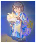  1girl absurdres bangs border brown_hair closed_eyes commentary copyright_name eyebrows_behind_hair facing_away fireworks floral_print full_body hand_fan highres holding holding_fan holding_fireworks japanese_clothes kenharu kimono okobo on_floor open_mouth original paper_fan sash short_hair smile solo sparkler squatting uchiwa white_border white_kimono yellow_sash 