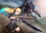 &gt;:( 1girl 1other absurdres black_thighhighs blonde_hair blue_eyes blue_hair camouflage camouflage_skirt dirty gloves gradient_hair gun headset highres holding holding_gun holding_weapon indie_virtual_youtuber long_hair mecha multicolored_hair non-web_source pouch robot ronin_(titanfall_2) skirt sword tamasi thighhighs titanfall_(series) titanfall_2 v-shaped_eyebrows virtual_youtuber weapon weapon_request zeta_(vtuber) zettai_ryouiki 