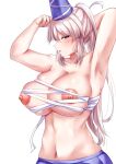  1girl alternate_breast_size armpits bangs blue_headwear blue_skirt breasts chest_sarashi cleavage commission grey_eyes grey_hair hat huge_breasts long_hair looking_at_viewer mirufui mononobe_no_futo multiple_views navel nipples open_mouth ponytail sarashi simple_background skeb_commission skirt standing tate_eboshi touhou upper_body white_background 