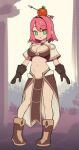  1girl apple_on_head arrow_(projectile) bangs boots breasts brown_gloves capelet cleavage gloves green_eyes highres looking_at_viewer mage_(ragnarok_online) midriff minkye navel pelvic_curtain ragnarok_online short_hair solo 
