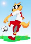  2012 3_fingers anthro ball canid canine clothed clothing fingers fox fur grass hi_res kaiketsu_zorori looking_at_viewer male mammal mask plant smile soccer soccer_ball soccer_uniform solo sport sportswear uniform whiskers wiszkas yellow_body yellow_fur zorori 