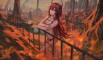  1girl alternate_costume arknights bikini breasts cleavage cup demon_horns garter_straps hair_between_eyes holding holding_cup horns hua_ming_wink lips long_hair looking_at_viewer medium_breasts molten_rock purple_eyes railing red_bikini red_hair solo surtr_(arknights) swimsuit 