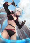  1girl absurdres ahoge ass_visible_through_thighs bikini black_bikini black_gloves blue_sky breasts cleavage cloud fate/grand_order fate_(series) from_below gloves grey_hair groin hair_between_eyes highres jeanne_d&#039;arc_alter_(fate) jeanne_d&#039;arc_alter_(swimsuit_berserker)_(fate) katana long_hair misto_(nnvy3472) navel over_shoulder parted_lips short_hair sky solo swimsuit sword sword_over_shoulder thighs very_long_hair wading water weapon weapon_over_shoulder yellow_eyes 