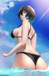  1girl absurdres ass bangs bikini black_bikini black_hair blue_sky breasts from_behind hair_between_eyes highres large_breasts looking_at_viewer looking_back mitsukichi original outdoors parted_lips partially_submerged red_eyes short_hair sky solo swimsuit water 