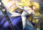  1girl archetype_earth arcueid_brunestud bare_shoulders blue_dress blurry breasts chain_necklace cleavage covered_nipples depth_of_field detached_collar dress elbow_gloves gloves hair_between_eyes highres large_breasts long_hair looking_at_viewer lying on_back red_eyes solo tsukihime vent_vert_(kuuya) very_long_hair white_gloves 