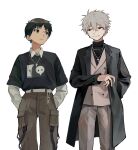  2boys alternate_costume belt black_hair closed_mouth cross dango_(uni_520) grey_hair highres ikari_shinji jewelry multiple_boys nagisa_kaworu neon_genesis_evangelion pants red_eyes ring short_hair simple_background white_background white_belt 