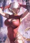  1girl arms_up au_ra avatar_(ff14) blurry blurry_background breasts cleavage cleavage_cutout clothing_cutout commission cowboy_shot dragon_horns dragon_tail dress elbow_gloves english_commentary eva_solo final_fantasy final_fantasy_xiv fingerless_gloves gloves hand_on_own_head highres horns large_breasts lips looking_to_the_side pinup_(style) red_dress red_gloves scales short_hair side_slit solo tail tassel white_hair yellow_eyes 