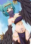  1girl absurdres bangs bare_shoulders black_feathers black_wings blush breasts claws commentary commission english_commentary feathers green_hair harpy heart heart-shaped_pupils highres hzhc indie_virtual_youtuber lincoro medium_breasts midriff monster_girl mouth_veil navel pelvic_curtain pointy_ears red_eyes second-party_source short_hair short_twintails solo stomach_tattoo symbol-shaped_pupils tattoo tiara tongue tongue_out twintails veil virtual_youtuber winged_arms wings 