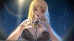 1girl :o bangs black_bra blonde_hair bolo_tie bra breasts buttons collared_shirt green_eyes highres large_breasts looking_at_viewer looking_down love_delivery necktie night night_sky original osuti outdoors pov rain see-through see-through_shirt shirt sky solo solo_focus taut_clothes taut_shirt underwear water_drop wet wet_clothes wet_shirt white_shirt 