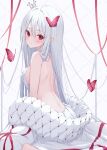  backless_dress backless_outfit blush breasts bug butterfly cloak crown dress highres long_hair looking_at_viewer medium_breasts mini_crown original red_eyes sideboob taracomax white_cloak white_dress white_hair 