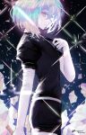  1other adjusting_clothes adjusting_necktie androgynous arm_at_side bangs belt black_necktie bob_cut cowboy_shot crystal_hair diamond_(houseki_no_kuni) elbow_gloves eyelashes from_side gem_uniform_(houseki_no_kuni) gloves highres holding holding_weapon houseki_no_kuni inaeda_kei looking_at_viewer multicolored_hair necktie other_focus puffy_short_sleeves puffy_sleeves rainbow_hair shards short_hair short_sleeves shorts smile solo sparkle twitter_username weapon white_gloves 