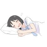  1girl bangs black_hair closed_eyes commentary english_commentary highres nichijou ookiiayu open_mouth pillow sailor_collar school_uniform serafuku shinonome_nano short_hair simple_background sleeping solo upper_body white_background white_sailor_collar 