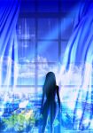  1girl building city cloud cloudy_sky curtains dark day highres light light_rays little_pine long_hair looking_to_the_side morning original scenery silhouette sky solo sparkle town tree window 