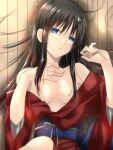  1girl bare_shoulders black_hair blue_eyes blush breasts breasts_apart hand_on_own_chest highres japanese_clothes kimono light_blush long_hair lying obi on_back parted_lips red_kimono sash sidelocks small_breasts solo tohno_akiha tsukihime vent_vert_(kuuya) wide_sleeves wooden_floor 