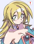  1girl :o blonde_hair breasts cleavage collarbone dark_magician_girl duel_monster green_eyes hair_between_eyes highres long_hair looking_at_viewer misaka_(missa) solo white_background yu-gi-oh! 