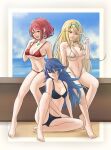  3girls bangs bare_shoulders barefoot bikini blonde_hair blue_bikini blue_eyes blue_hair breasts chest_jewel closed_mouth collarbone crossover fire_emblem fire_emblem_awakening full_body hair_between_eyes hair_ornament highres large_breasts long_hair looking_at_viewer lucina_(fire_emblem) multiple_girls mythra_(xenoblade) navel open_mouth pomelomelon pyra_(xenoblade) red_bikini red_eyes red_hair short_hair sitting small_breasts smile super_smash_bros. swept_bangs swimsuit thighs white_bikini xenoblade_chronicles_(series) xenoblade_chronicles_2 yellow_eyes 