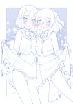  2girls :d arm_around_waist ass_visible_through_thighs bangs blue_theme blush bob_cut bow bowtie clothes_lift collared_shirt commentary crotch_seam delicious_party_precure dress dress_lift fuwa_kokone hair_bow hair_ornament hairclip highres jacket lace-trimmed_panties lace_trim leg_up lifted_by_self long_sleeves looking_at_viewer medium_dress medium_hair miyagoe_yoshitsuki monochrome multiple_girls nagomi_yui no_legwear open_mouth outside_border panties parted_lips precure sailor_collar school_uniform shinsen_middle_school_uniform shirt shoes short_hair side-by-side smile socks spot_color standing standing_on_one_leg thigh_gap underwear 
