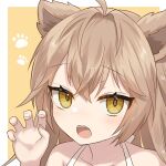  1girl ahoge animal_ears bangs bare_shoulders blush brown_background brown_hair claw_pose collarbone commentary_request hair_between_eyes hand_up highres indie_virtual_youtuber lion_ears long_hair looking_at_viewer open_mouth paw_print paw_print_background portrait rurudo_lion solo spaghetti_strap teeth two-tone_background upper_teeth usagi1923 virtual_youtuber white_background yellow_eyes 