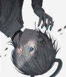  1boy aqua_eyes black_choker blood blood_on_hands blue_blood blue_eyes blurry blurry_background bright_pupils choker cross cross-shaped_pupils cross_earrings earrings grey_background grey_hair hair_between_eyes halo heterochromia highres jewelry light_blue_eyes looking_at_viewer male_focus original ozx_x0 parted_lips simple_background solo upper_body upside-down white_pupils 