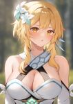  1girl :o bangs bare_shoulders blonde_hair blurry blurry_background blush breasts cleavage close-up commentary detached_sleeves dress english_commentary feather_hair_ornament feathers flower genshin_impact hair_between_eyes hair_flower hair_ornament highres karacak large_breasts looking_at_viewer lumine_(genshin_impact) mole mole_on_breast parted_lips revision short_hair_with_long_locks sweat symbol_in_eye upper_body white_dress white_flower yellow_eyes 