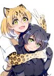  2girls :d animal_ear_fluff animal_ears animal_print arm_around_shoulder bangs behind_another black_gloves black_hair black_leopard_(kemono_friends) black_shirt blonde_hair bow bowtie breast_pocket brown_hair closed_mouth collared_shirt colored_inner_hair elbow_gloves extra_ears gloves green_eyes hand_up highres hug hug_from_behind kemono_friends leopard_(kemono_friends) leopard_ears leopard_print long_hair looking_at_viewer mamiyama medium_hair multicolored_hair multiple_girls open_mouth pocket print_gloves shirt short_sleeves simple_background smile sweater_vest upper_body v white_background white_hair white_shirt wing_collar yellow_eyes 