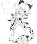  1girl absurdres ahoge blush bow cirno closed_mouth collared_shirt detached_wings dress fairy flower greyscale hair_between_eyes hair_bow highres holding holding_leaf ice ice_wings leaf leaf_umbrella monochrome morning_glory one_eye_closed puffy_short_sleeves puffy_sleeves shirt short_hair short_sleeves simple_background siyumu solo sunflower tanned_cirno touhou white_background wings 