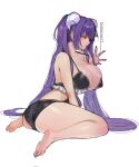  1girl artist_request ass bangs bare_shoulders barefoot black_swimsuit breasts clothes_pull feet heterochromia highres kneeling large_breasts long_hair looking_to_the_side one-piece_swimsuit original purple_hair red_eyes ruthenium77&#039;s_character second-party_source sitting soles solo solo_focus swimsuit swimsuit_pull thighs toes twintails very_long_hair wariza white_background yellow_eyes 