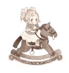  ai-wa bangs blonde_hair blush bow child dress elise_(fire_emblem) female_child fire_emblem fire_emblem_fates from_side full_body hair_ornament highres long_sleeves looking_at_viewer riding rocking_horse shoes short_hair sideways_glance simple_background socks solo twintails white_background white_dress white_footwear white_legwear younger 