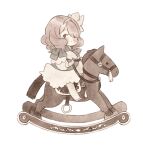  1girl ai-wa bangs blush bow camilla_(fire_emblem) child dress female_child fire_emblem fire_emblem_fates from_side full_body hairband highres long_sleeves looking_at_viewer pink_hair riding ringlets rocking_horse shoes short_hair sideways_glance simple_background solo white_background white_dress white_footwear younger 