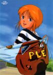  1990s_(style) 1girl absurdres blue_eyes character_name clothes_writing day elpeo_puru gundam gundam_zz highres logo looking_back non-web_source official_art open_mouth orange_hair outdoors removing_jacket retro_artstyle shirt short_hair solo striped striped_shirt 
