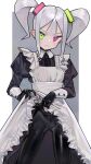  1girl absurdres apron bangs black_gloves border closed_mouth clothes_lift dress dress_lift fang frilled_apron frills gloves green_eyes grey_background grey_hair heterochromia highres latex latex_gloves long_sleeves looking_at_viewer maid maid_apron original pantyhose pink_eyes puffy_sleeves saaal653 simple_background skin_fang solo standing twintails white_border 