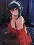  1girl backless_outfit bangs bare_shoulders black_hair blush breasts cleavage dress earrings hair_ornament hairband highres jewelry large_breasts long_hair looking_at_viewer moisture_(chichi) pantyhose red_dress red_eyes sidelocks solo spy_x_family yor_briar 
