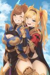  2girls :d absurdres bangs beatrix_(granblue_fantasy) blonde_hair blue_eyes blush breasts brown_hair commission granblue_fantasy highres large_breasts long_hair looking_at_viewer multiple_girls one_eye_closed open_mouth renzu_(lens_02) skeb_commission smile twintails very_long_hair zeta_(granblue_fantasy) 