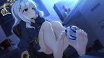  1girl ajifurai bare_legs barefoot black_hoodie blue_archive blush can chair collarbone convenient_leg cross_hair_ornament feet green_eyes grey_hair hair_ornament halo hand_on_own_chin hare_(blue_archive) highres hood hood_down hoodie sitting solo spoken_squiggle squiggle sweat 