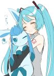  2girls animal_hands armpit_crease bangs blue_hair blue_nails blue_necktie closed_eyes closed_mouth collared_shirt crossover frilled_shirt frills glaceon grey_shirt hair_ornament hatsune_miku heart highres holding holding_pokemon hug multiple_girls nail_polish necktie one_eye_closed open_mouth pokemon pokemon_(creature) pokemon_ears reirou_(chokoonnpu) saliva shirt simple_background sketch sleeveless sleeveless_shirt tattoo twintails vocaloid white_background 