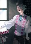  1boy :d ahoge argyle argyle_sweater_vest background_text bangs brown_pants collared_shirt commentary_request facial_mark fate/grand_order fate_(series) feet_out_of_frame grey_hair highres houndstooth james_moriarty_(fate) james_moriarty_(ruler)_(fate) light_particles long_sleeves looking_at_viewer male_focus necktie open_mouth pants ruler shirt short_hair smile solo striped striped_pants sweater_vest teria_(teriarian) vertical-striped_pants vertical_stripes white_shirt younger 