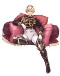 1boy ai-wa aiguillette armored_boots bangs black_footwear black_jacket blonde_hair boots buttons closed_mouth fire_emblem fire_emblem_fates formal full_body gloves hairband high-waist_pants jacket leo_(fire_emblem) long_sleeves looking_at_viewer male_focus medal pants pants_tucked_in pillow simple_background sitting smirk solo tassel thigh_boots white_background white_gloves white_pants 