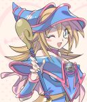  1girl blonde_hair blue_headwear dark_magician_girl duel_monster green_eyes hat highres holding holding_wand long_hair looking_at_viewer misaka_(missa) one_eye_closed open_mouth pentagram smile solo wand witch_hat yu-gi-oh! 
