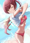  1girl absurdres ass bangs beach bikini blue_sky blurry blurry_background blush breasts brown_hair clothes_lift day dutch_angle floating_hair grin highres idolmaster idolmaster_shiny_colors lens_flare lifted_by_self long_hair looking_at_viewer marishiten_(mar1sh110) medium_breasts navel ocean osaki_amana outdoors red_bikini shirt shirt_lift short_sleeves side_ponytail sidelocks sky smile solo standing stomach strap_gap swept_bangs swimsuit teeth thighs water wet wet_clothes wet_shirt white_shirt yellow_eyes 