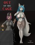  ambiguous_species anthro aventis_vixxx big_breasts blue_hair breasts brown_body brown_fur cage canid canine clothing cover cover_art cover_page duo female fur grey_body grey_fur hair hat headgear headwear hi_res lamp lantern mammal necktie pink_hair torn_clothing uniform wide_hips 
