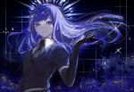  1other androgynous bangs black_gloves black_necktie blue_eyes blue_hair blue_theme closed_mouth elbow_gloves floating_hair gem_uniform_(houseki_no_kuni) gloves hair_flip halo hand_up houseki_no_kuni inaeda_kei lapis_lazuli_(gemstone) lapis_lazuli_(houseki_no_kuni) long_hair looking_at_viewer necktie other_focus puffy_short_sleeves puffy_sleeves short_sleeves smile solo sparkle straight_hair twitter_username upper_body very_long_hair 